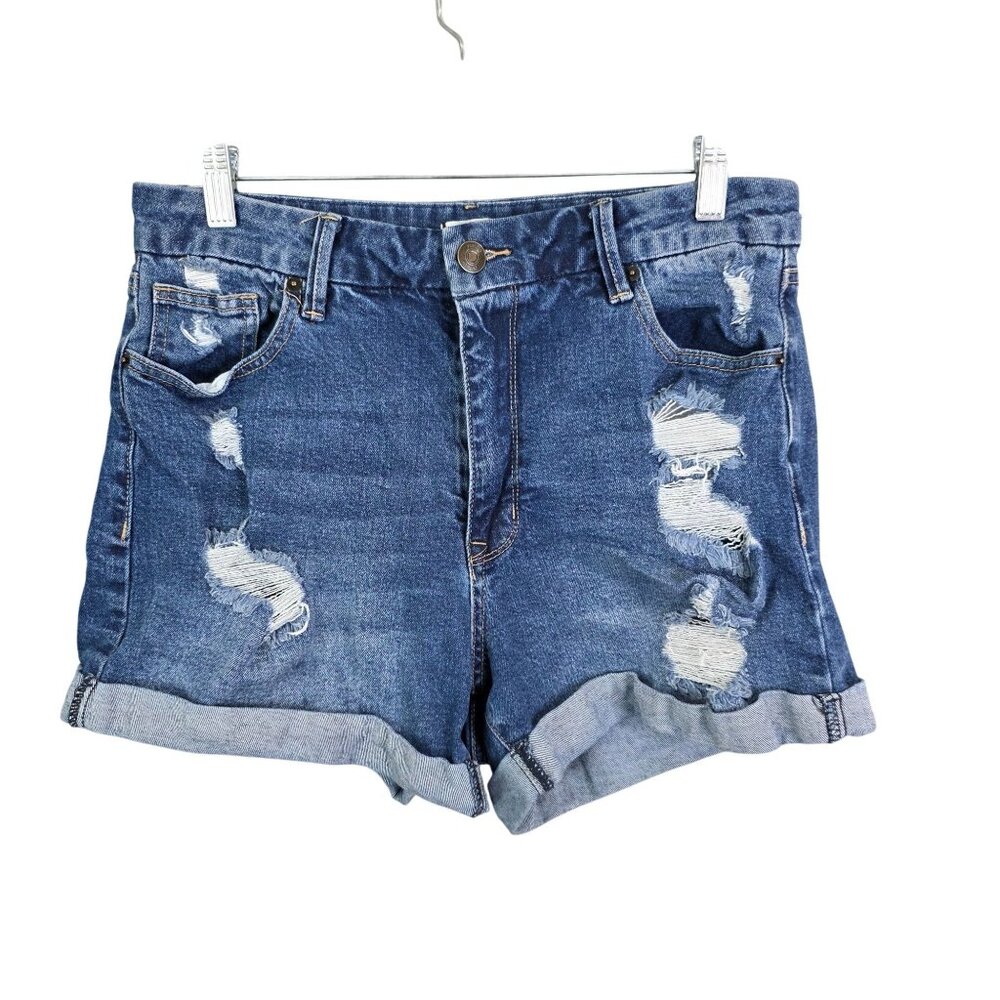 Womens Rue 21 Blue Denim Shorts Distressed Cotton Stretch 4" Inseam Mid Rise 16